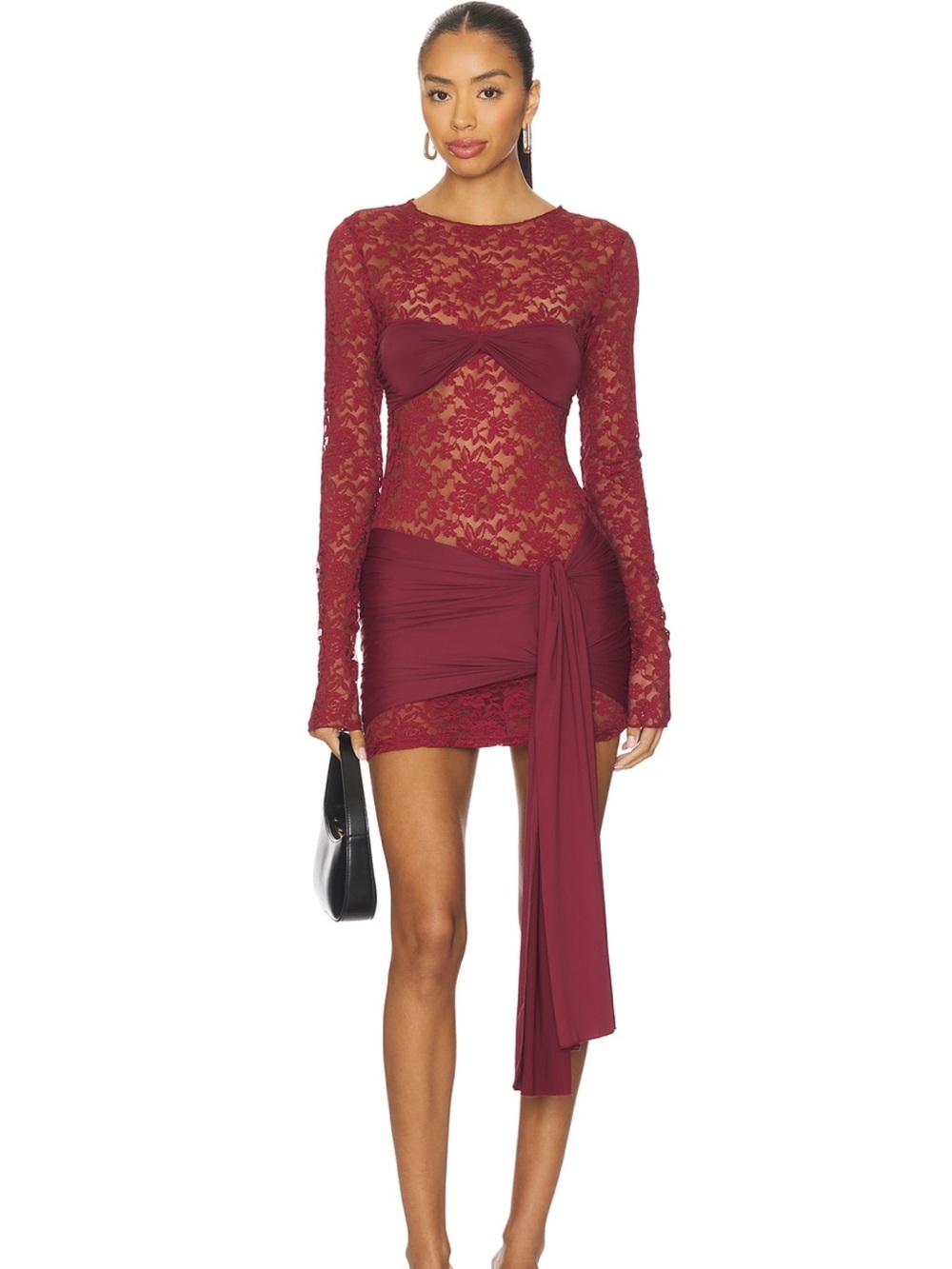 Lioness Burgundy Lace Mini Dress with Draped Sash - Picture 2 of 2